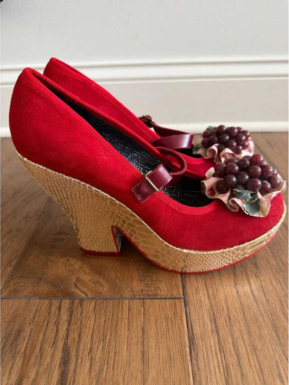 Irregular Choice Red Suede Wedge Heels with Grape and Strawberry Accent